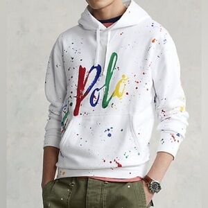 NWT POLO Ralph Lauren Logo Paint Splatter Hoodie Sweatshirt White Men's Size 5XB